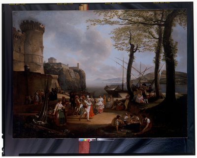 La Tarantelle: An Evening Coastal Landscape with Neapolitan Peasants Dancing the Tarantella by Jacques Henri Sablet