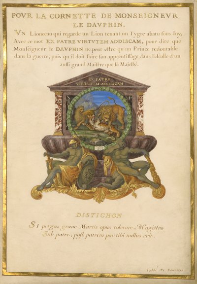 Emblem for Louis XIV (gouache & gold on parchment) by Jacques I Bailly