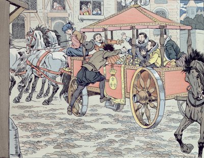 Assassination of Henri IV by Francois Ravaillac in the rue de la Ferronerie on 14th May 1610, c.1900 by Jacques Marie Gaston Onfray de Breville (Job)