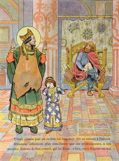 King Dagobert I putting his trousers on the wrong way round, illustration from 