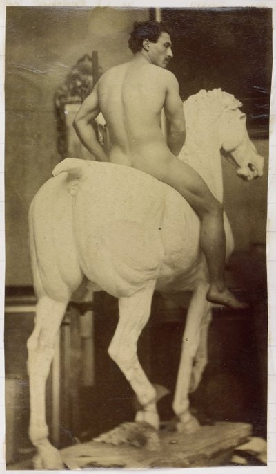 Study of a Male Nude Model, Sitting on a Plaster Horse, in the Studio of Jacques de Lalaing, Possibly Preliminary Study for Equestrian Portrait, Museum of Fine Arts Ghent by Jacques Lalaing (attributed to)