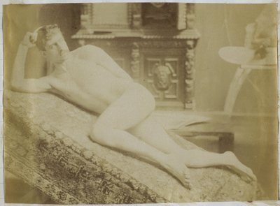 Study of a male nude model, lying down, in the studio of Jacques de Lalaing by Jacques Lalaing (attributed to)