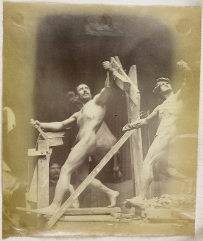Study of a Male Nude Model with Hand on a Structure, Seen from the Side and Next to a Plaster Model in the Same Pose, in the Studio of Jacques de Lalaing by Jacques Lalaing (attributed to)