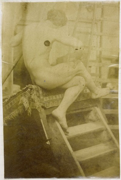 Study of a Male Nude Model, Seen from the Back and Seated on a Step in the Studio of Jacques de Lalaing by Jacques Lalaing (attributed to)