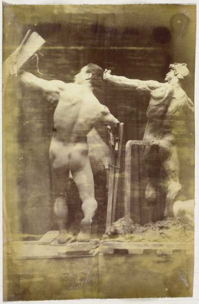 Study of a Male Nude Model, Seen from the Back with Hand on a Structure, Next to a Plaster Model in the Same Pose, in the Studio of Jacques de Lalaing by Jacques Lalaing (attributed to)