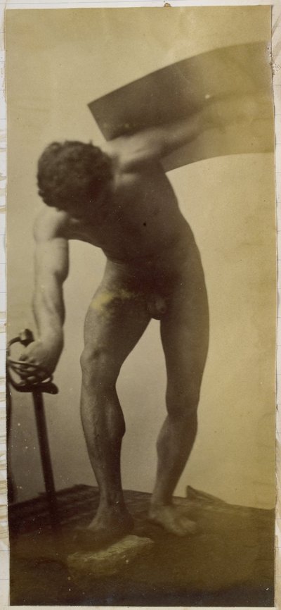 Study of a male nude model, standing bent with sword and shield in hands, in the studio of Jacques de Lalaing by Jacques Lalaing (attributed to)