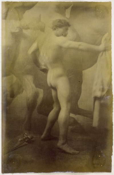 Study of a Male Nude Model, Standing Against the Background of a Monumental Mural of Horses, in the Studio of Jacques de Lalaing by Jacques Lalaing (attributed to)