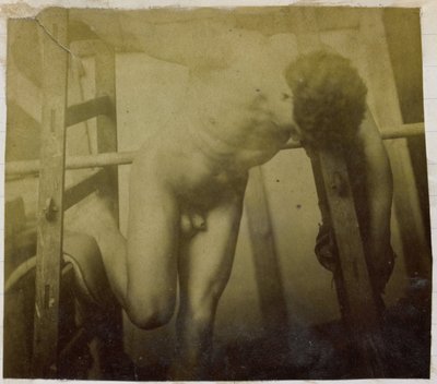 Study of a Male Nude Model, Leaning Forward in a Wooden Structure, in the Studio of Jacques de Lalaing by Jacques Lalaing (attributed to)