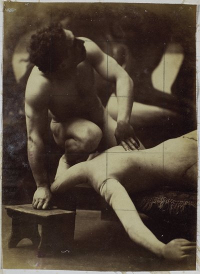 Study of a male nude model, wrestling with mannequin, in the studio of Jacques de Lalaing by Jacques Lalaing (attributed to)