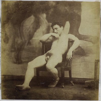 Study of a Male Nude Model, Sitting in a Chair, in the Studio of Jacques de Lalaing by Jacques Lalaing (attributed to)