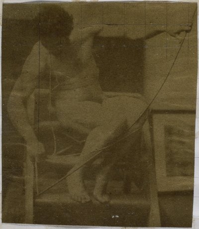 Study of a Male Nude Model, Sitting on a Step, Seen from the Front with Rope and Bow on Lap, in the Studio of Jacques de Lalaing by Jacques Lalaing (attributed to)