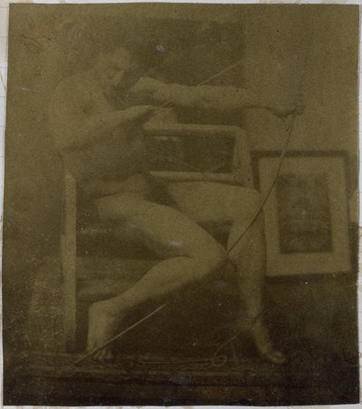Study of a Male Nude Model, Sitting on a Step, Seen from the Front with Rope and Bow on Lap, in the Studio of Jacques de Lalaing by Jacques Lalaing (attributed to)
