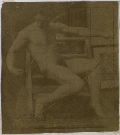 Study of a Male Nude Model, Sitting on a Step, Seen from the Front with Rope and Bow on Lap, in the Studio of Jacques de Lalaing by Jacques Lalaing (attributed to)