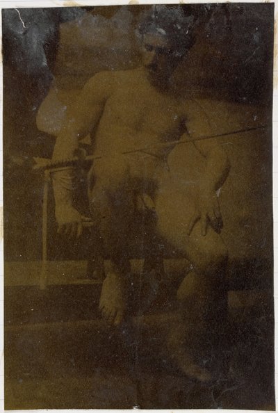 Study of a male nude model, sitting seen from the front with sword on lap, in the studio of Jacques de Lalaing by Jacques Lalaing (attributed to)