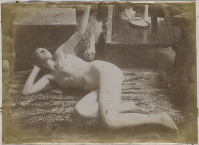 Study of a Female Nude Model, Lying on a Tiger Skin, in the Studio of Jacques de Lalaing by Jacques Lalaing (attributed to)