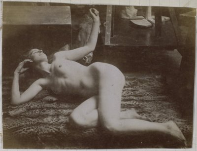 Study of a Female Nude Model, Lying on a Tiger Skin, in the Studio of Jacques de Lalaing by Jacques Lalaing (attributed to)