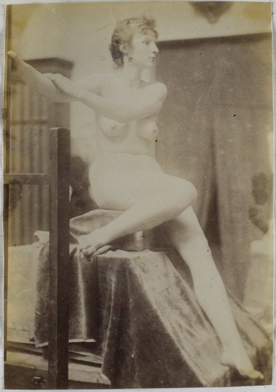 Study of a Female Nude Model, Sitting on a Podium Next to an Easel and Seen from the Front, in the Studio of Jacques de Lalaing, Preliminary Study for the Fernand Scribe Tomb Monument in the Cemetery of Ghent by Jacques Lalaing (attributed to)