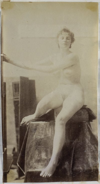 Study of a Female Nude Model, Sitting on a Podium Next to an Easel and Seen from the Front, in the Studio of Jacques de Lalaing, Preliminary Study for the Fernand Scribe Tomb Monument in the Cemetery of Ghent by Jacques Lalaing (attributed to)