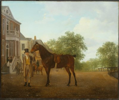 A Gentleman Holding a Saddled Horse in a Street by a Canal by Jacques Laurent Agasse