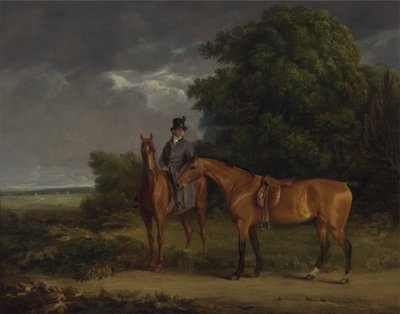 A Groom Mounted on a Chestnut Hunter, He Holds a Bay Hunter by the Reins by Jacques Laurent Agasse