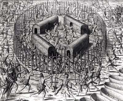 Johannes Staden Helps to Defend the Indians Who Captured Him Against the Tuppin Tkins, engraved by Theodore de Bry (1528-98), from 