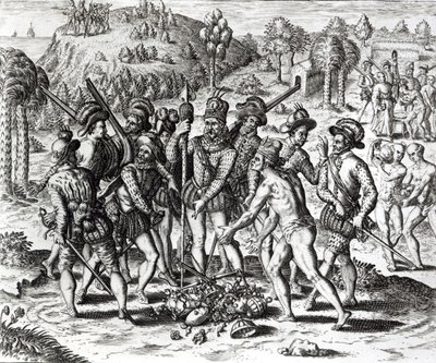 Spaniards receiving gifts from Indians, from 