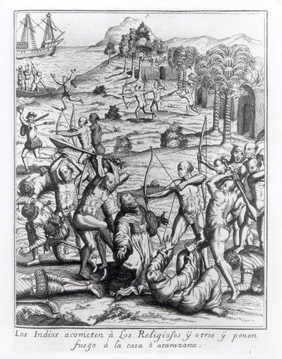 The Indians Attacking the Priests and Others and Setting Fire to Their Houses, engraving from 