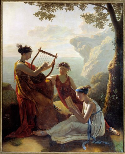 Greek Poet Sappho Playing Lyre with Two Companions by Jacques Louis Michel Grandin