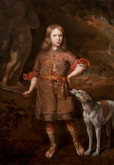 Portrait of a Boy as a Hunter Holding a Boar Spear with a Greyhound by Jacques Vaillant