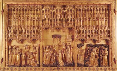 Altarpiece of Saints and Martyrs, central panel the beheading of St. John the Baptist, the Martyrdom of St. Catherine of Alexandria and St. Barbara and the Temptation of St. Anthony, c.1391 by Jacques de Baerze or Baers
