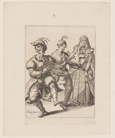 A Veiled Woman with Two Musicians Playing a Gridiron and a Bellows, from The Masquerades by Jacques de Gheyn II