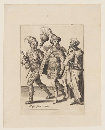An Old Mummer Addressing a Couple Dressed in Leaves and Bird Feathers, from The Masquerades by Jacques de Gheyn II