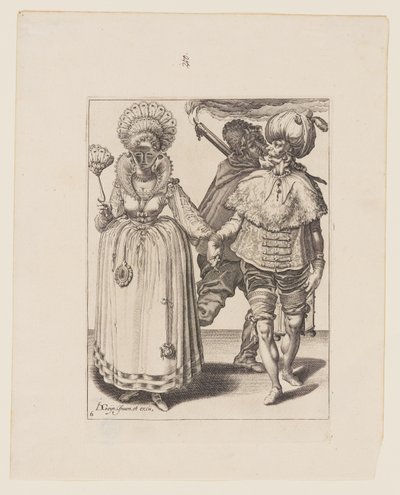 Man with a Turban Leading a Woman Wearing Peacock Feathers, with a Torchbearer, from The Masquerades by Jacques de Gheyn II