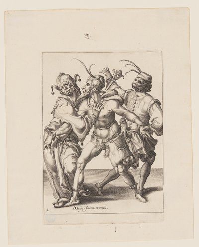 Three Dancing Mummers including a Jester, from The Masquerades by Jacques de Gheyn II