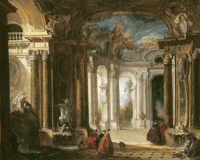 The interior of a Baroque palace with elegant company conversing by fountains by Jacques de Lajoüe