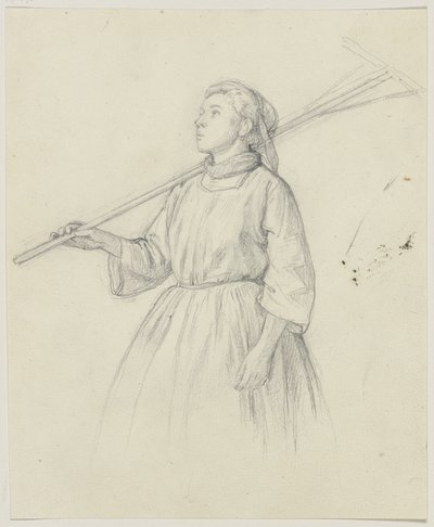 Peasant Girl Looking Up with a Shouldered Rake by Jakob Becker