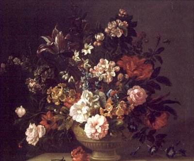 Roses, Tulips and Other Flowers in an Urn on a Ledge by Jakob Bogdani or Bogdany