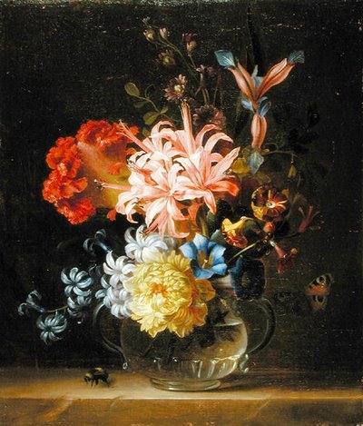 Still Life of Flowers in a Glass Vase, with a Bumble Bee and a Butterfly by Jakob Bogdani or Bogdany