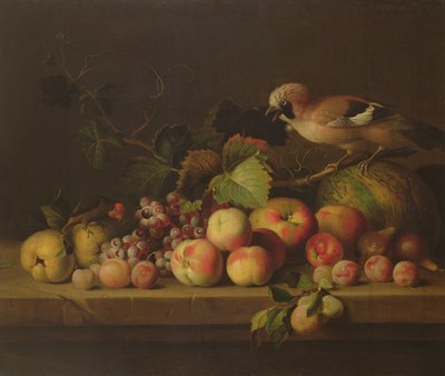 Still Life with Fruit, a Jay and a Parrot by Jakob Bogdani or Bogdany