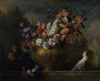 Still life with flowers in an urn, with a cockatoo, on a ledge, c.1699 by Jakob Bogdani or Bogdany