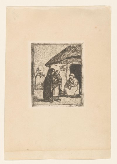 Two women and child in front of a house by Jakob Smits