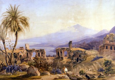 Taormina in Sicily: the ruins and Etna. Painting by Jacob Suter, about 1850. by Jakob Suter