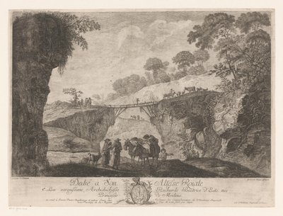 Mountain Landscape with a Wooden Bridge between Two Rocks by Jakob Wangner