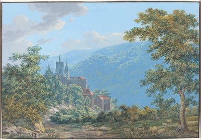 A Fortress in a Mountain Landscape at Sunrise by Jakob Wilhelm Huber