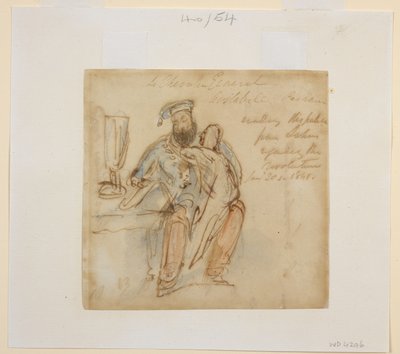 General Avitabile seated at a table reading, with a woman on his knee, possibly his favourite, Begum Peri by James Atkinson