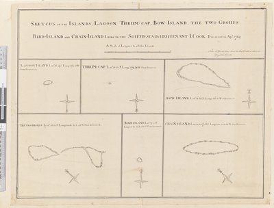 Sketches of the islands Lagoon, Thrum-Cap, Bow-Island, the Two Groups, Bird Island and Chain Island, lying in the South Sea, discovered in April 1769 by James Cook
