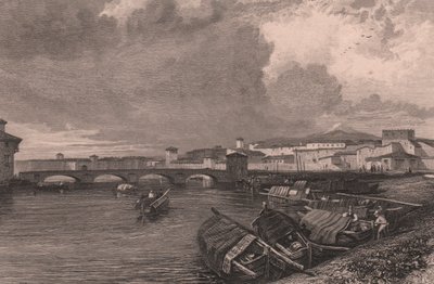 View of Arno River in Pisa, Tuscany, Italy, steel engraving by Thomas Higham after drawing by James Duffield Harding by James Duffield Harding
