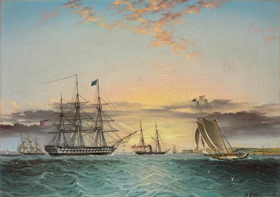 The U.S.S. Ohio Under Tow in the Lower Bay, New York with a View of Fort Hamilton by James E. Buttersworth