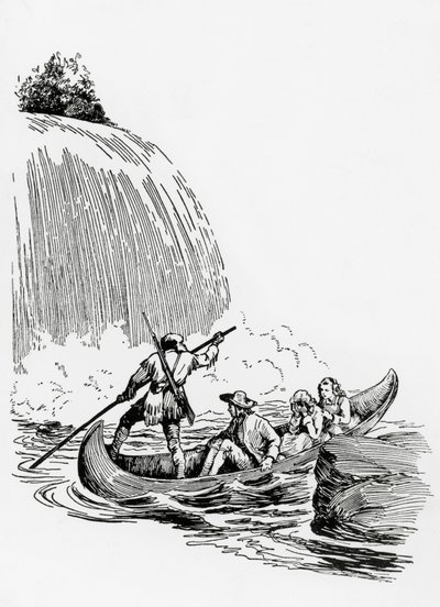 The main characters in a canoe by a waterfall, illustration for The Last of the Mohicans by James Fenimore Cooper by James Fenimore Cooper