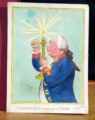 A Connoisseur examining a Cooper, George III fearing a new revolution, peers at a portrait of Cromwell, pub. by Hannah Humphrey by James Gillray